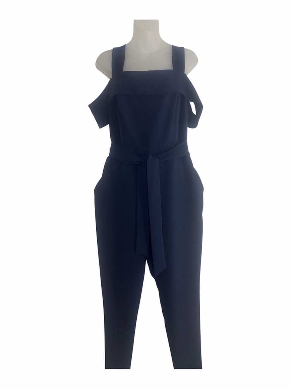 New York & Company Navy Cold Shoulder Tie  Waist Jumpsuit Women’s L Pockets